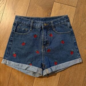 Embroidered Strawberry Denim Shorts